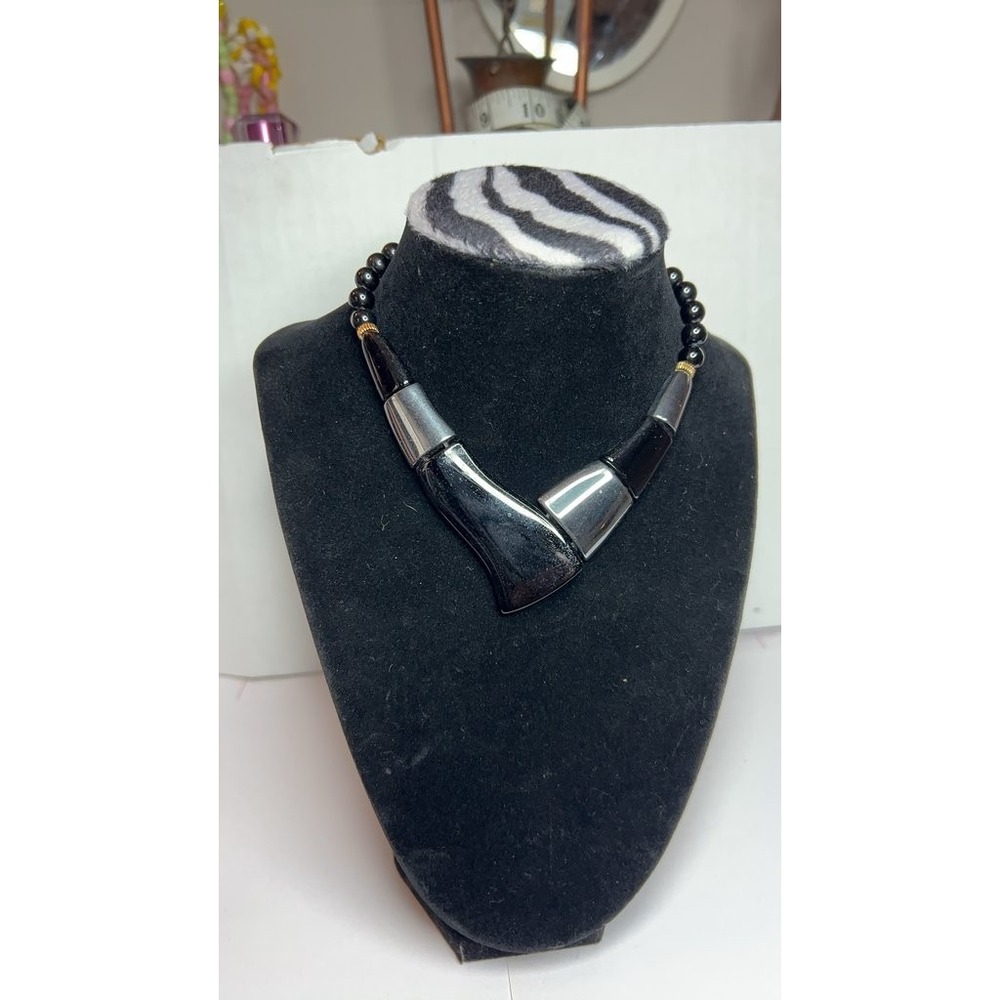 Vintage Black Beaded Necklace with Geometric Pendant